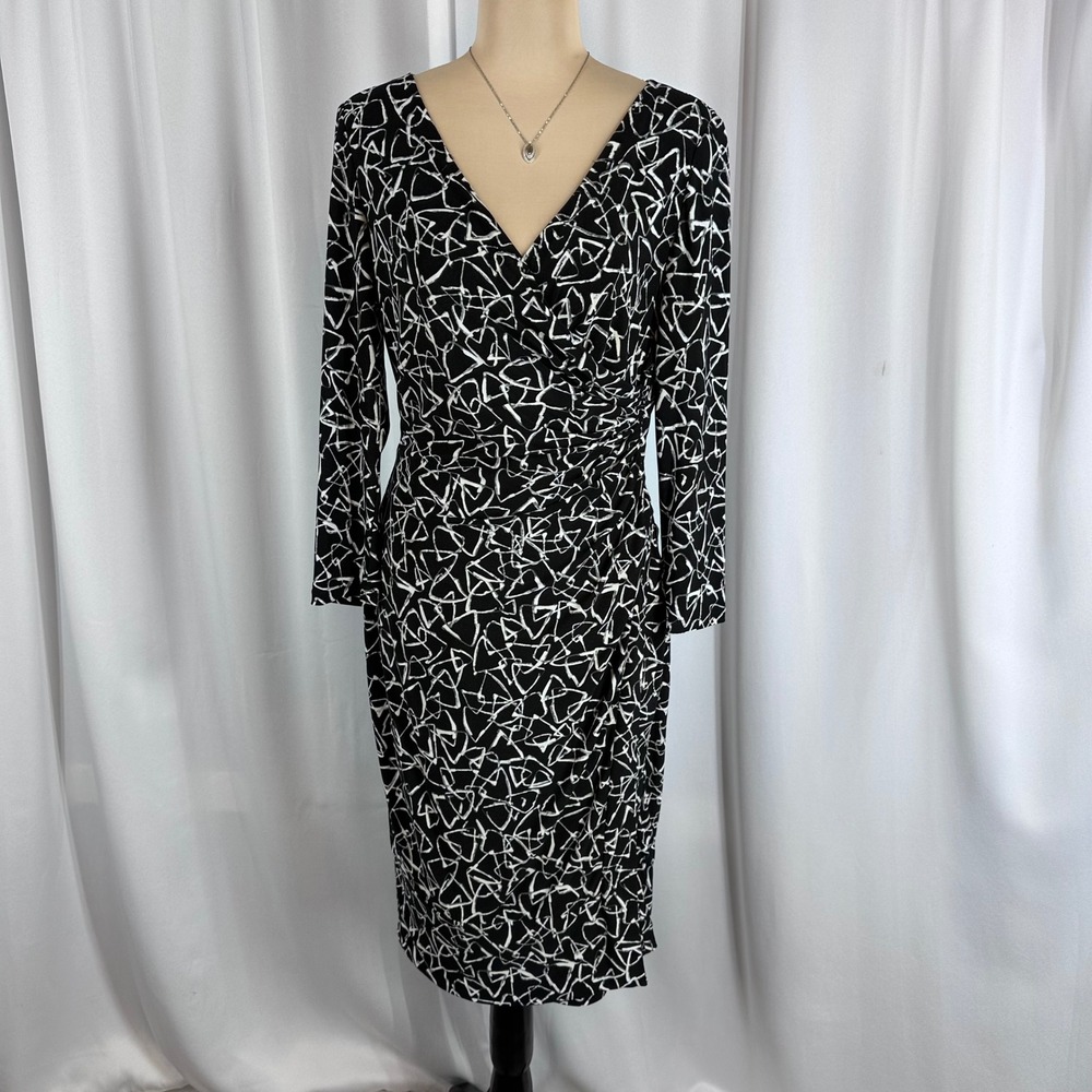 Lauren Ralph Lauren Dress Size 4 Black‎ White Faux Wrap Ruched V Neck